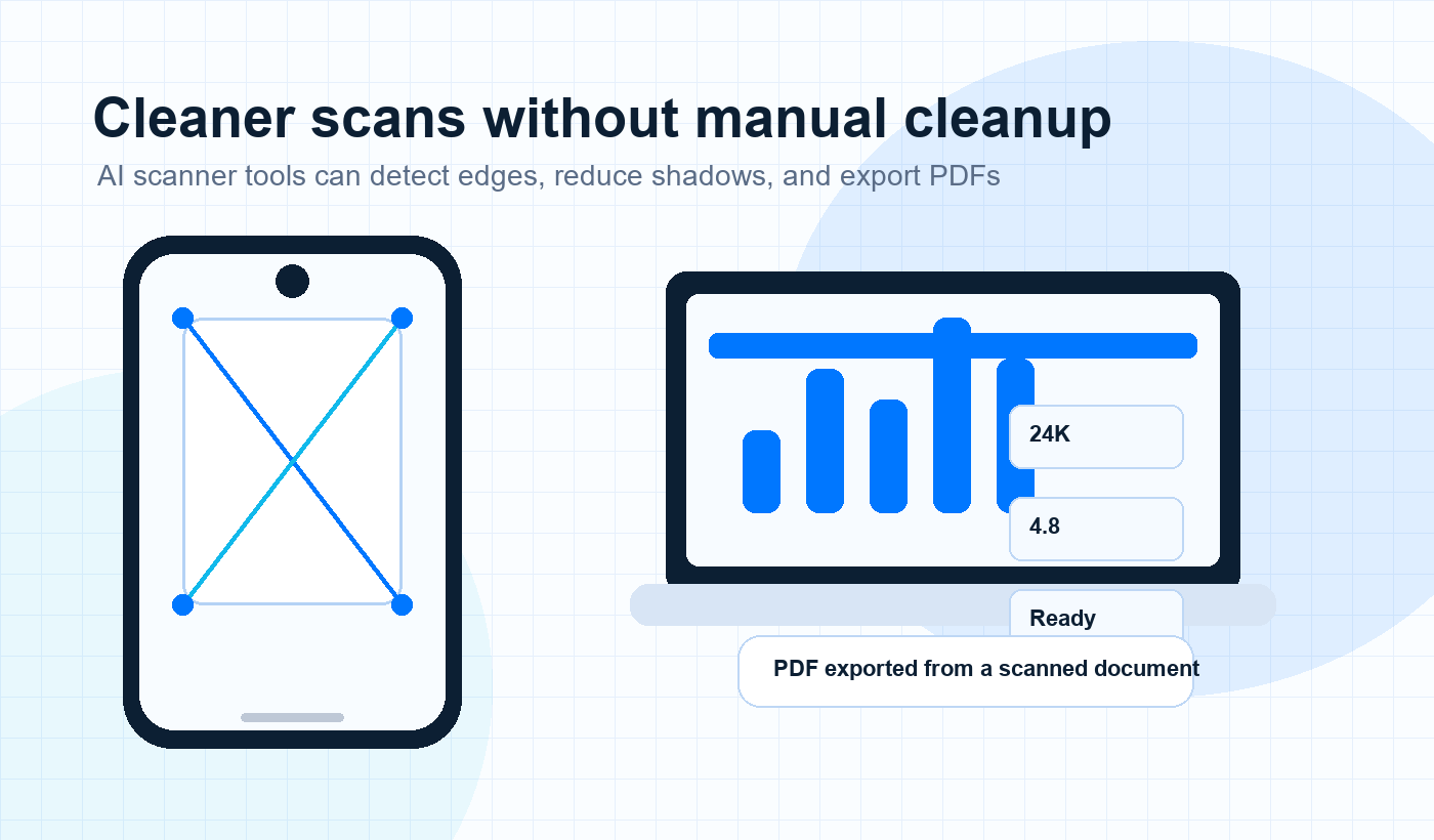 AI document scanner improving a crooked page into a clean PDF